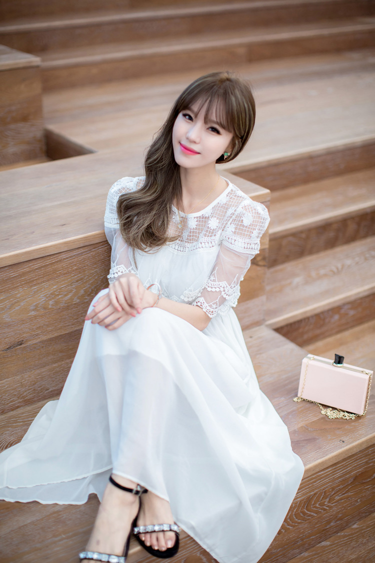 范力思连衣裙修身蕾丝花边披肩假两件雪纺长裙时尚女装 白色 xl