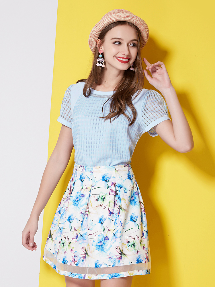 osa欧莎女装小方格拼接泡泡袖衬衫雪纺衫sv515014天蓝色l