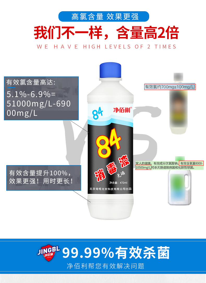 净佰俐 Jingbl 470ml 瓶整箱装84消毒液整箱衣物漂白八四消毒水医用宠物地板杀菌