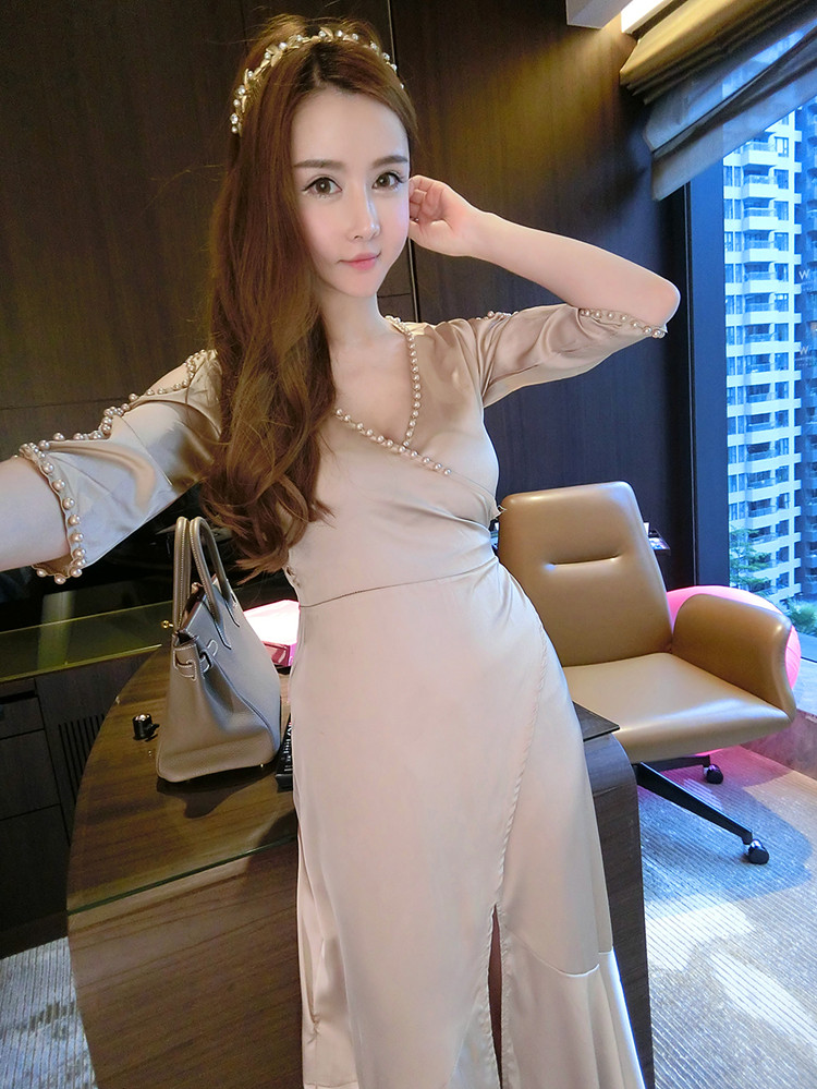 爱情倩 2016显瘦度假长裙v领开叉性感连衣裙夏季7963# 香槟金 l