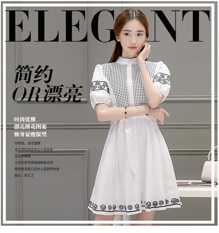 艾琳雪如短袖收腰格子a秀2016年夏季立领连衣裙 白色 l