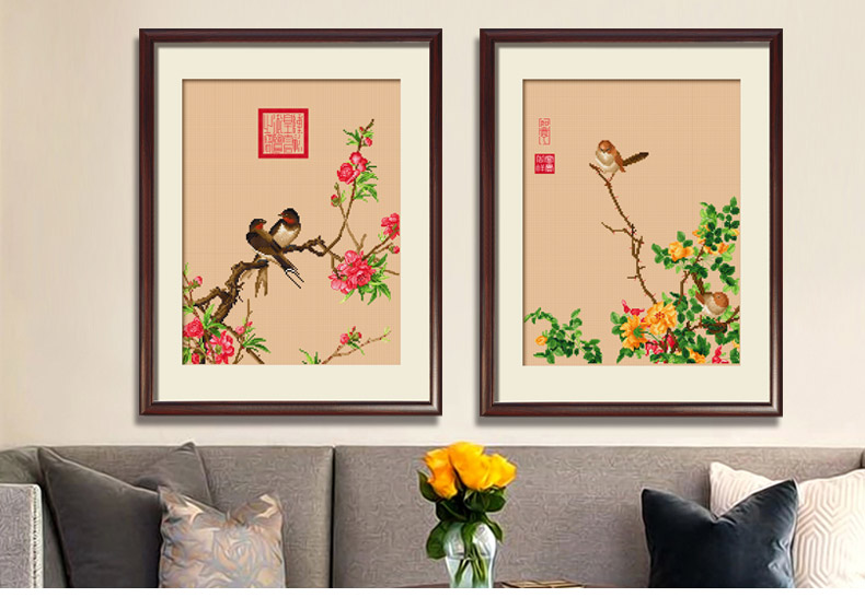 春天十字绣客厅郎世宁名画线绣新款小件卧室玄关小幅花鸟中国风3股线