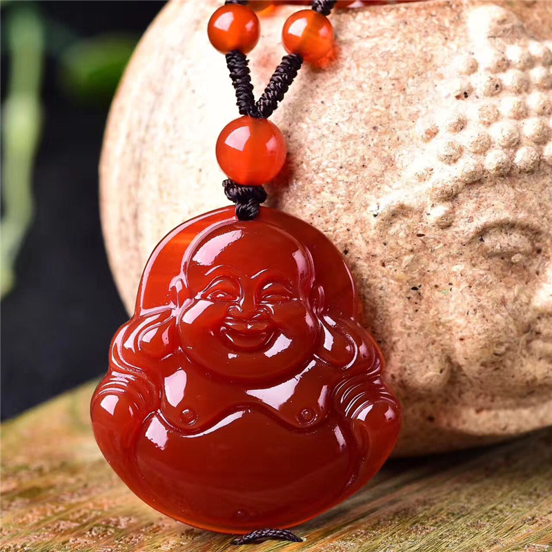 天然红玛瑙玉佛吊坠 玉坠弥勒佛玛瑙吊坠 大肚笑佛玉吊坠玛瑙项链