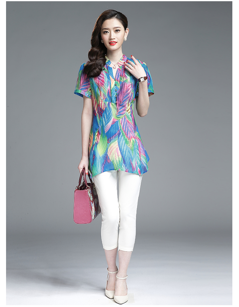 飘香2016夏装新款女装修身中长款v领短袖衬衫v2498 图片颜色 xxxl