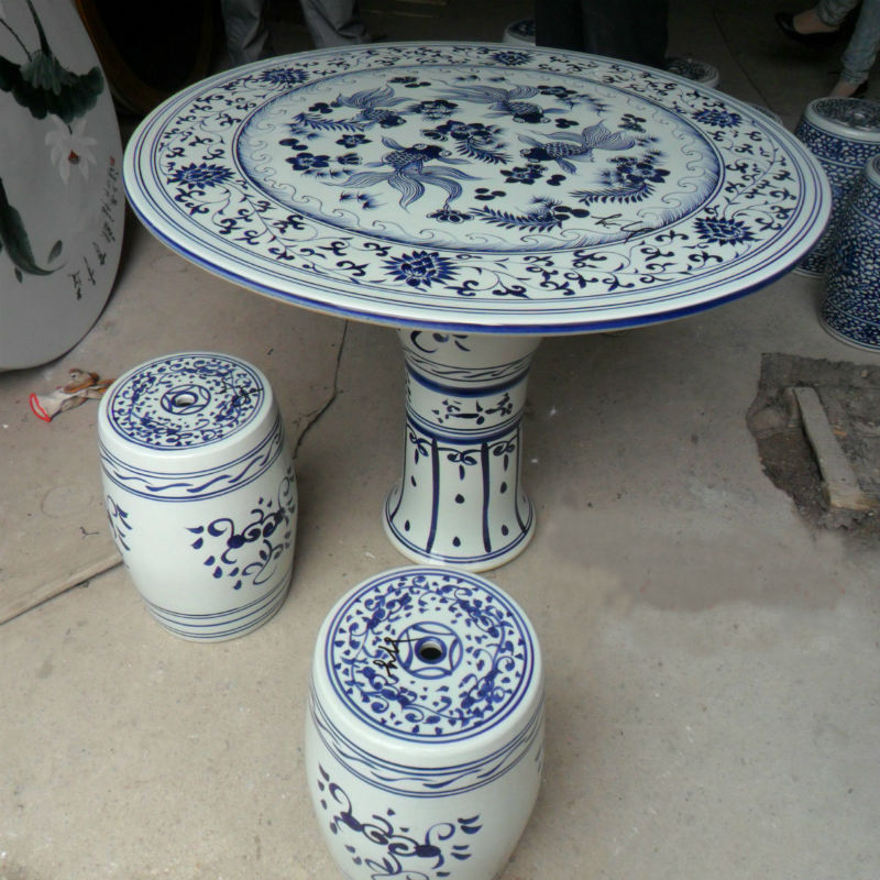 景德镇陶瓷桌子凳子套装瓷桌凉凳凉蹲青花金鱼图家居庭院户外摆设 100