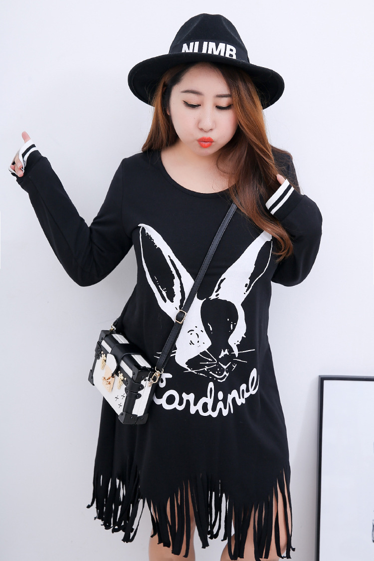 2016新款特大码女装秋冬流苏兔子流苏连衣裙打底裙子 大兔子 xl