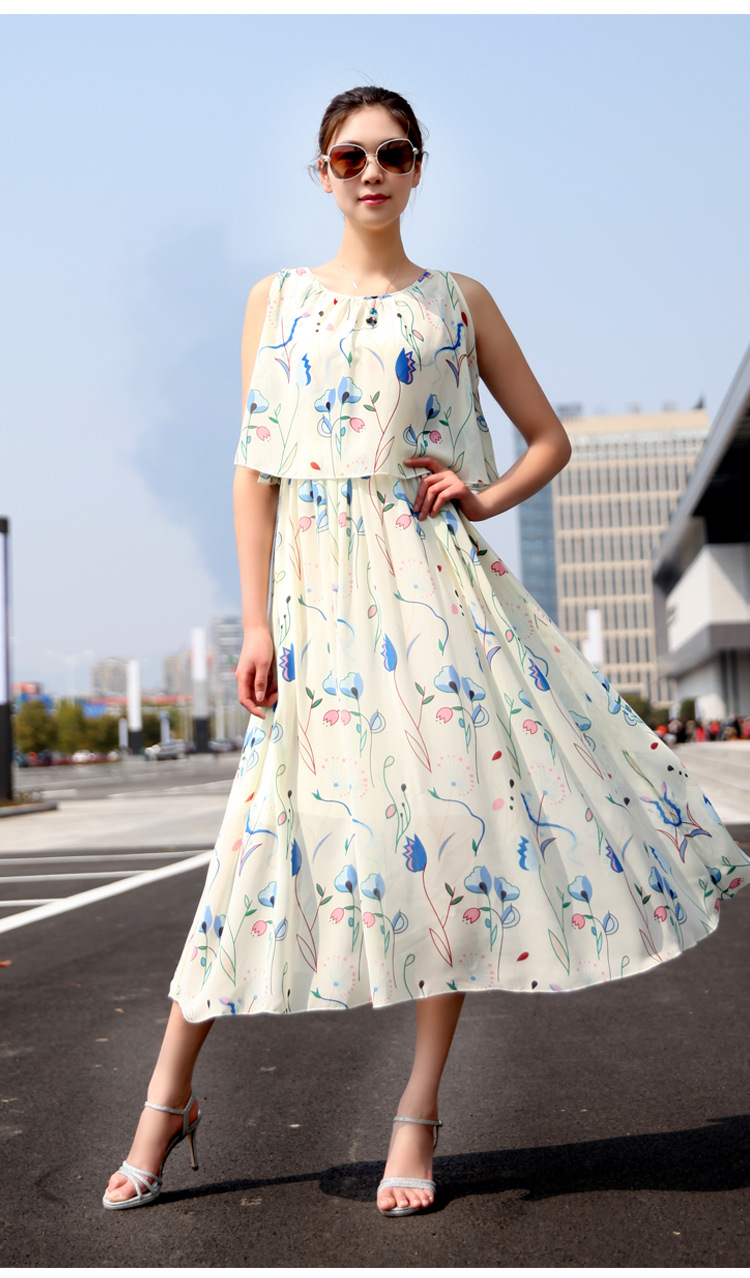 贝蒂瑞莎2016夏季新款女装印花雪纺连衣裙遮阳漏肩长裙 白色 s