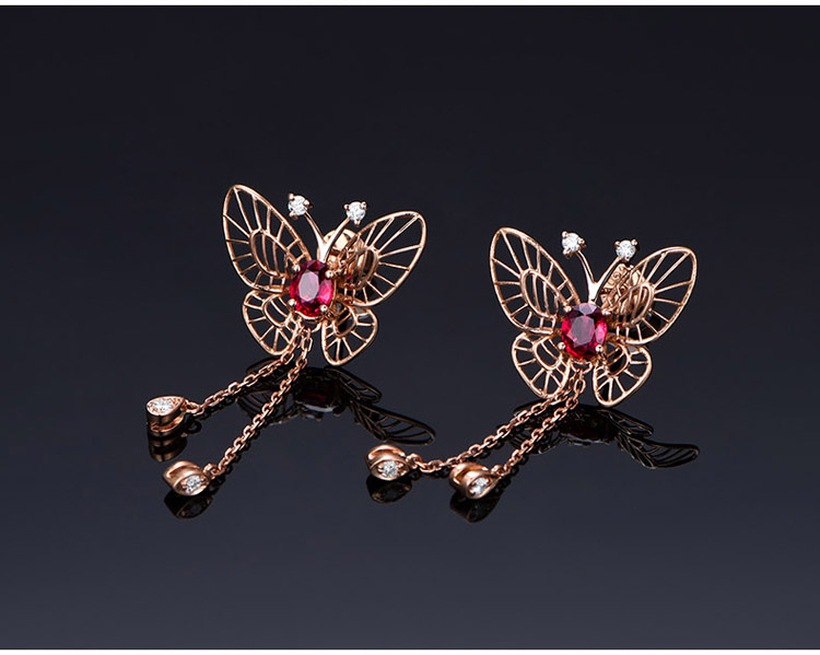 米莱珠宝 0.85克拉红宝石耳环 18k金镶嵌钻石耳环 彩色宝石