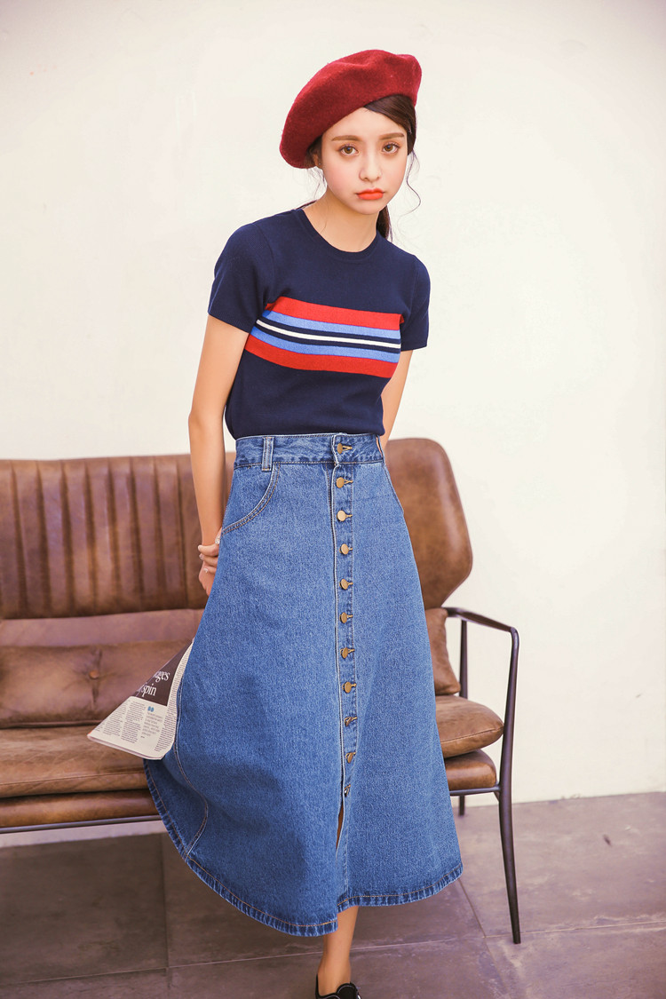 依澜枫采四季百搭高腰排扣牛仔a字裙长裙女 蓝色 xl