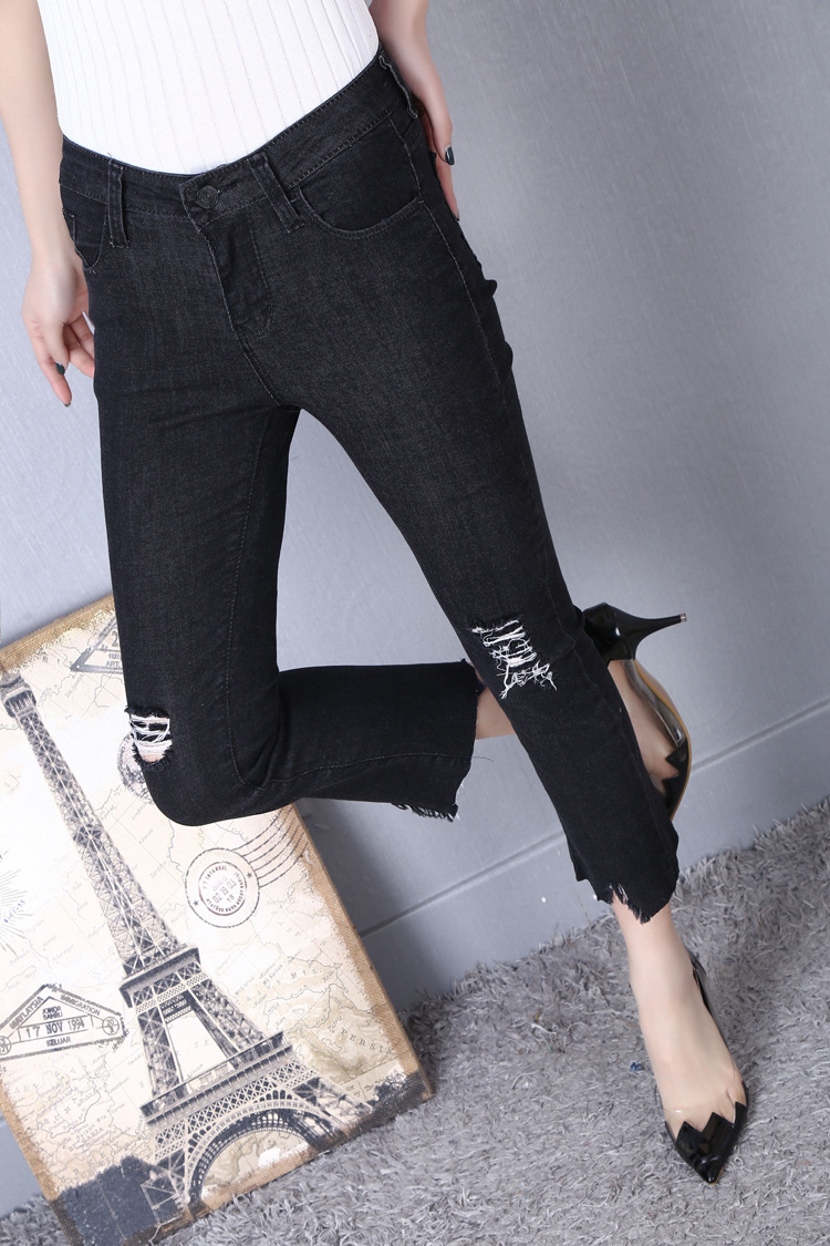迪你芬2016韩版新款破洞微喇牛仔裤女长裤流苏阔腿显瘦九分喇叭裤