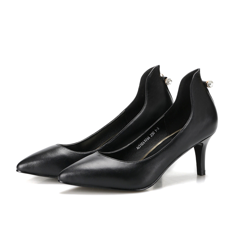 aaa专柜正品春款单鞋女鞋正装鞋职业装鞋牛皮尖头高跟细跟浅口鞋 黑色