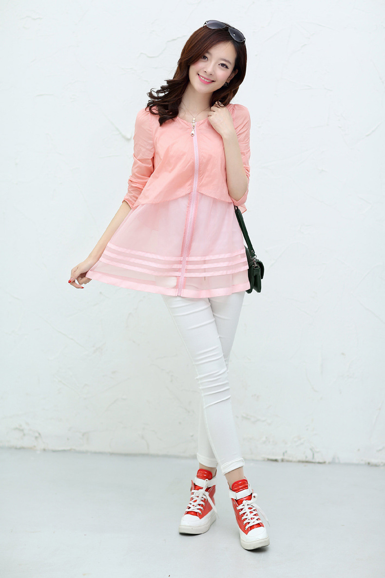 黛美情2016夏季新款女装日韩女装时尚韩版中长款防晒衣服女长袖欧根纱