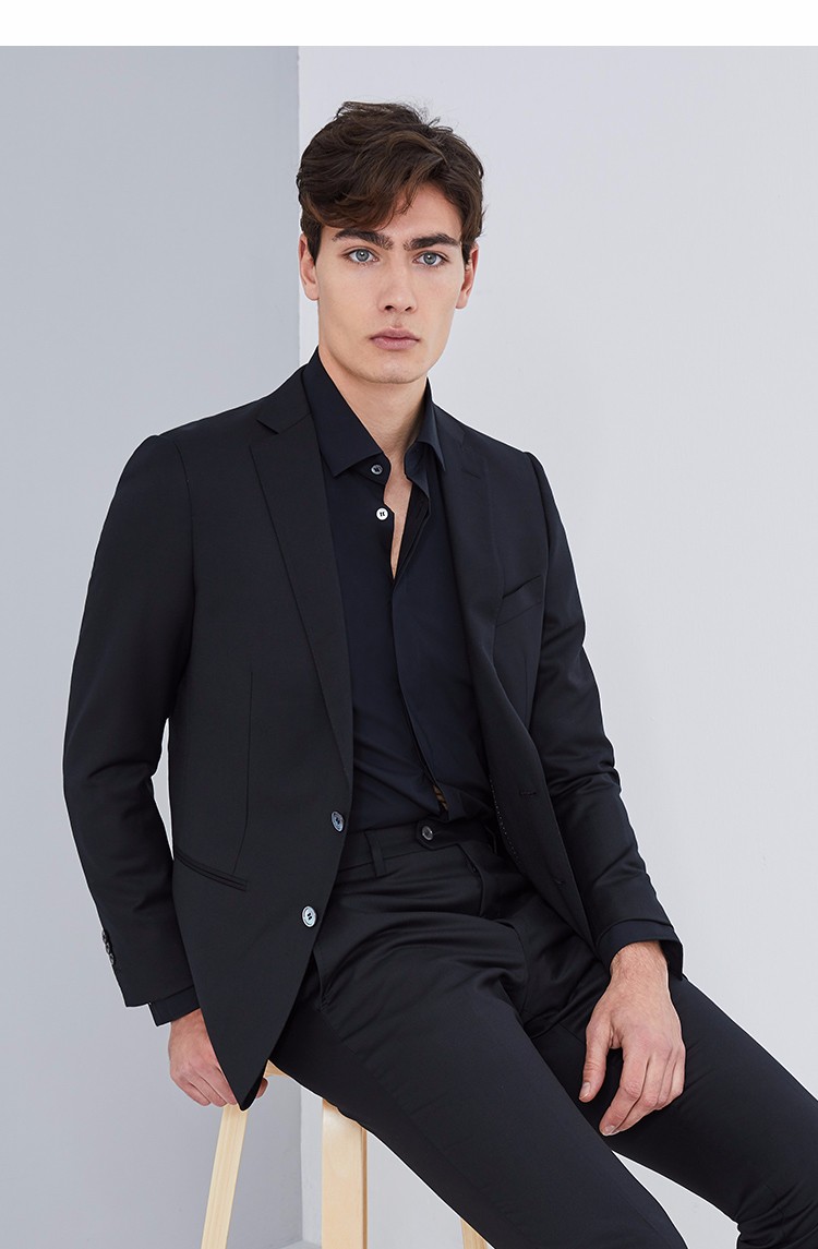 lampo/蓝豹男士全羊毛黑色小格纹提花商务百搭套装西服上衣 黑色 52c