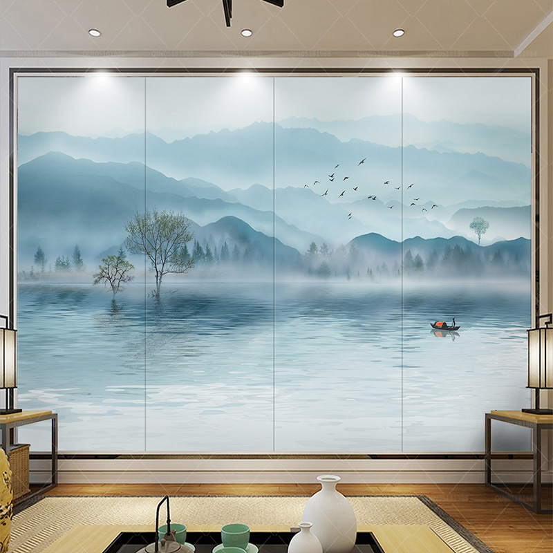 新中式水墨山水画意境山水国画客厅电视背景墙壁纸5d沙发墙壁布8d影视