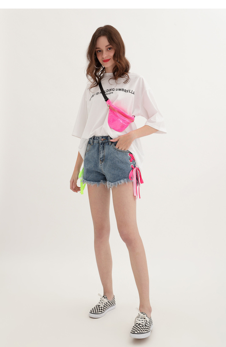 kama卡玛2019夏季新款牛仔短裤女高腰热裤宽松阔腿超短裤7219255 中蓝