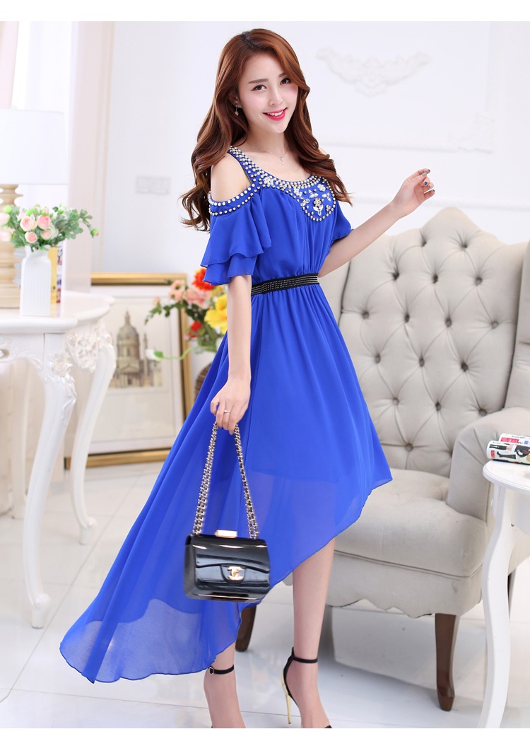夏季新款韩版露肩钉珠圆领雪纺连衣裙甜美修身沙滩度假燕尾裙 蓝色 l