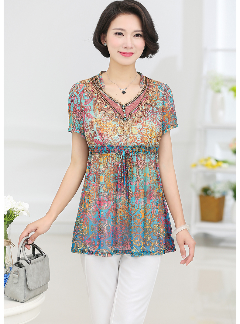 妈妈装夏装短袖t恤 中长款高档中老年女装夏装上衣大码40-50-60岁