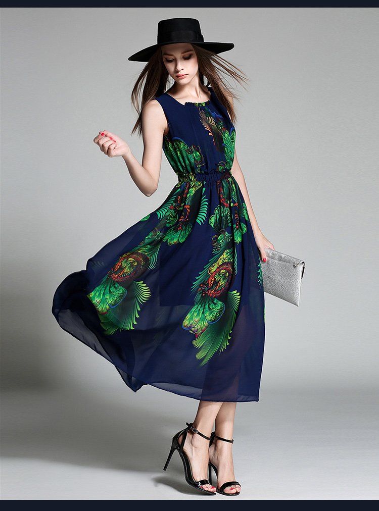 幂缇莎2016夏季新款孔雀印花连衣裙中长款雪纺沙滩裙 图片色 s