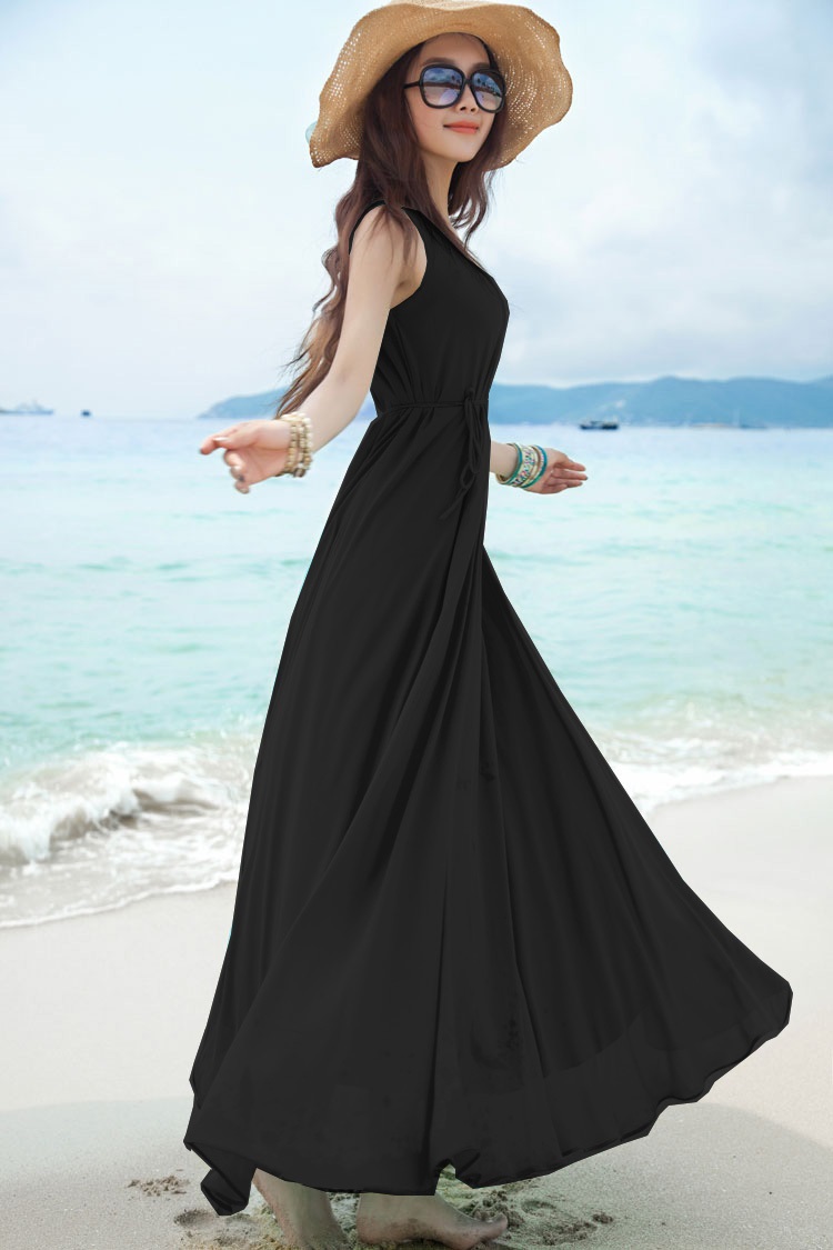 背心女裙飘逸大摆波西米亚长裙 纯色背心裙 三亚度假 黑色 s