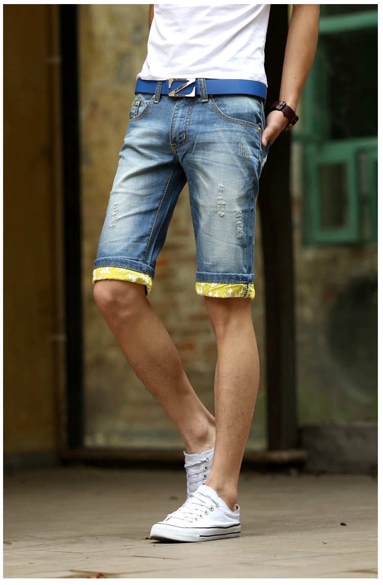 2016新款夏季男装牛仔中裤短裤直筒破洞六分裤牛仔裤青少年 蓝色 32