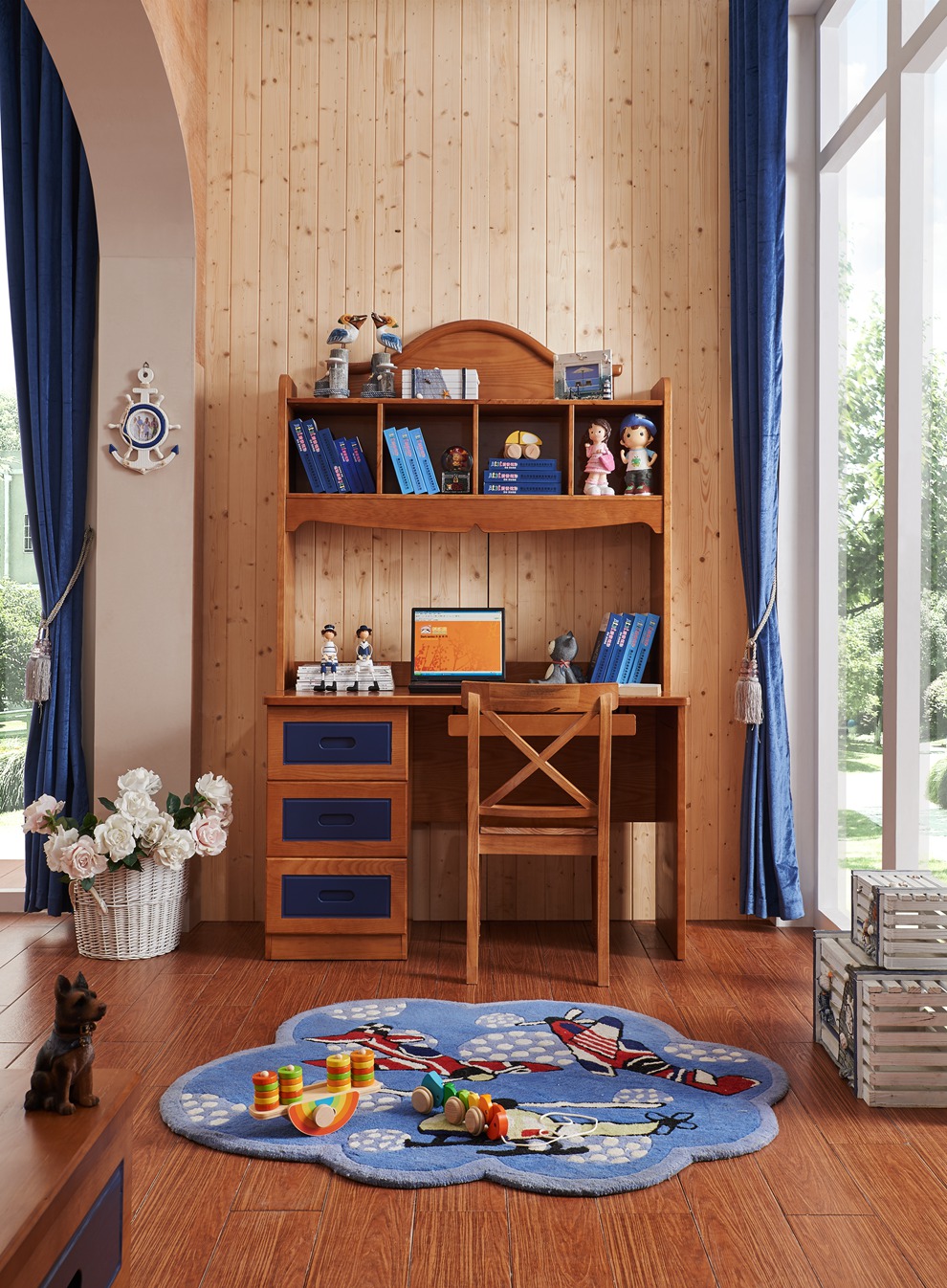 奥凡尼 儿童书桌 美式全实木书桌书架组合 直角书桌架(不带椅子)