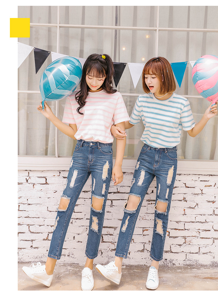 甸影2016夏季新款闺蜜装新款潮破洞牛仔裤女宽松哈伦裤九分裤乞丐裤女