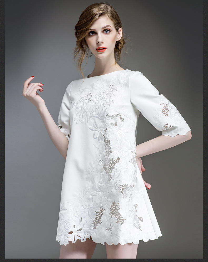 欧洲站2016春季新款镂空刺绣绣花蕾丝连衣裙欧美a字裙 藏蓝色 l