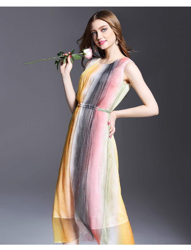 无袖桑蚕丝真丝连衣裙2016夏季新款女装修身收腰渐变色长裙7600 推
