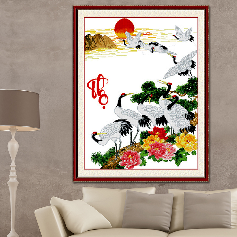 印花松鹤延年十字绣客厅玄关竖版贺寿大幅挂画刺绣风景画 ynd090 长0.