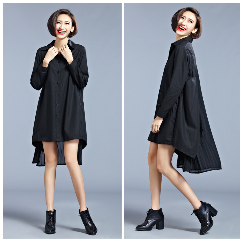 范力思2016春装新款拼接压折中长韩版燕尾长袖宽松衬衫 女 黑色 均码