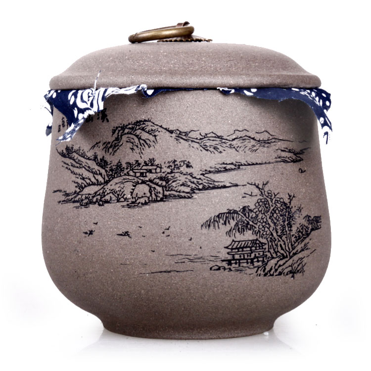容雅茶具  宜兴紫砂茶叶罐 手工 普洱茶罐 醒茶罐 2款颜色 散茶半斤装 红铜把细刻罐