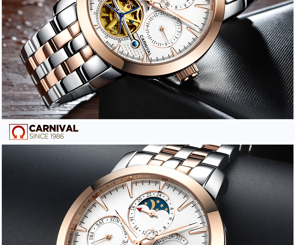 嘉年华carnival男士手表男表全自动机械表镂空飞轮腕表精钢防水夜光