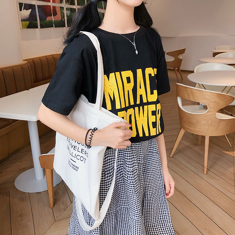 字母印花宽松黑色短袖t恤女夏季新品小个子高中初中生女生学生夏天