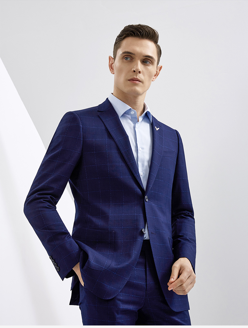培罗蒙baromon春夏男装西服套装男士商务休闲西装蓝色格子修身薄款