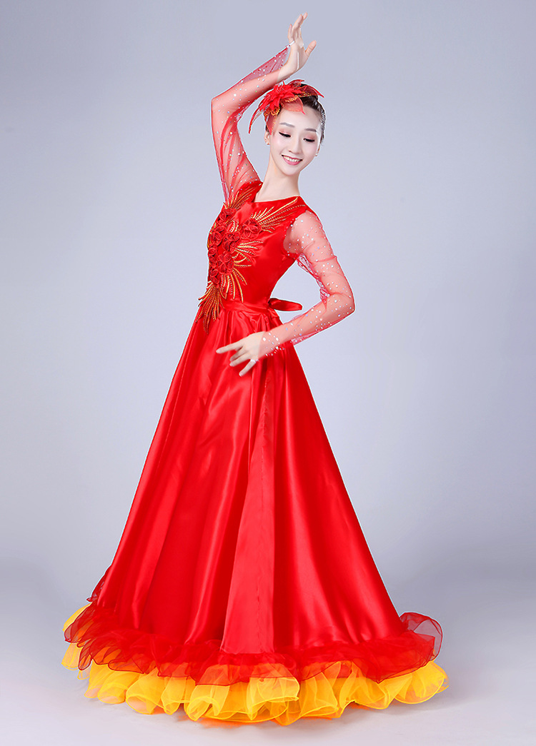 舞蹈服女亮片大合唱长裙舞台表演服开场舞大摆裙演出服装玫红色180度