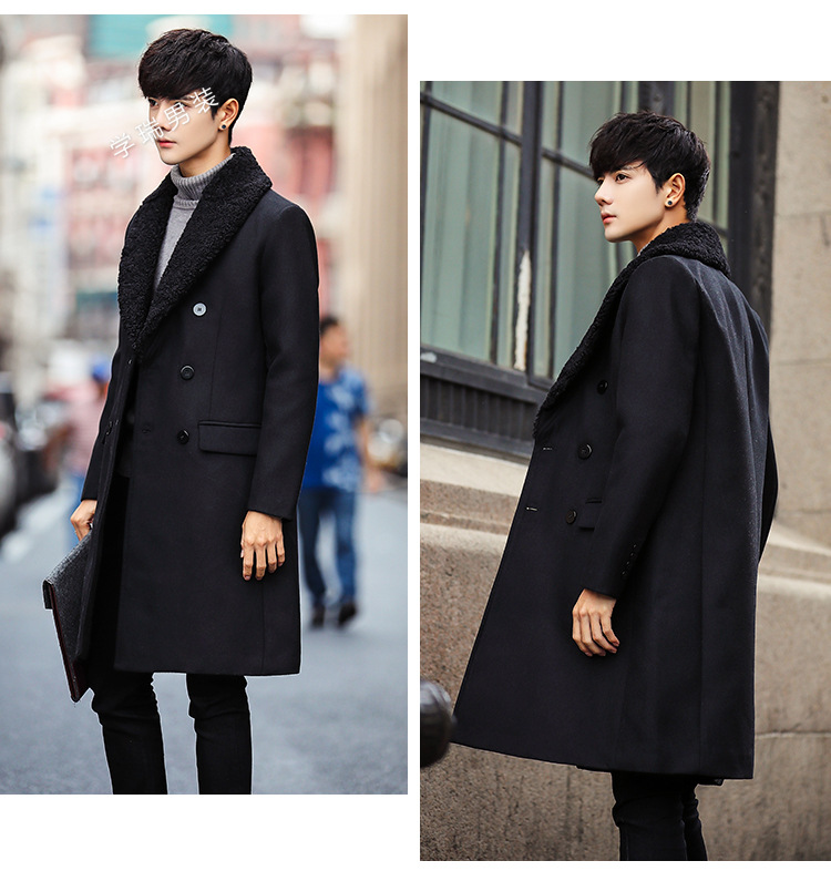 男士长款过膝风衣秋冬季冬季韩版修身个性帅气青年毛呢大衣加厚黑色毛