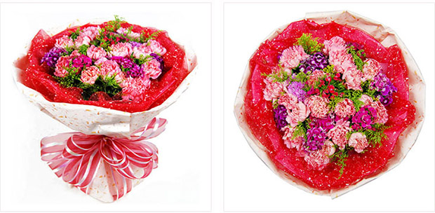 花名:亲情情深 花材:19枝粉色康乃馨,石竹梅