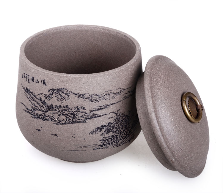 容雅茶具  宜兴紫砂茶叶罐 手工 普洱茶罐 醒茶罐 2款颜色 散茶半斤装 红铜把细刻罐