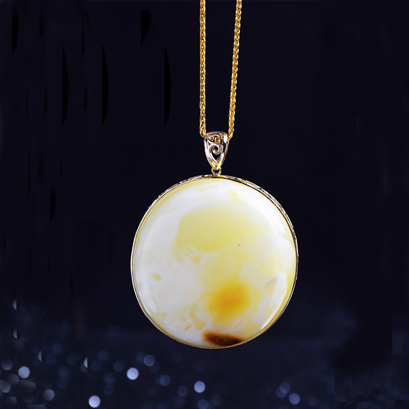 凯米瑞奇 无优化天然琥珀蜜蜡吊坠白蜜毛衣链