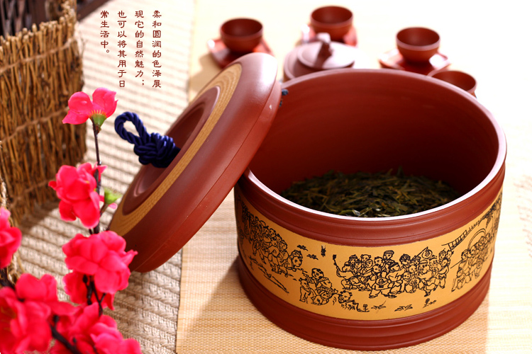 品茶忆友 百子图紫砂茶叶罐  醒茶罐大码  密封大号茶叶罐 茶具