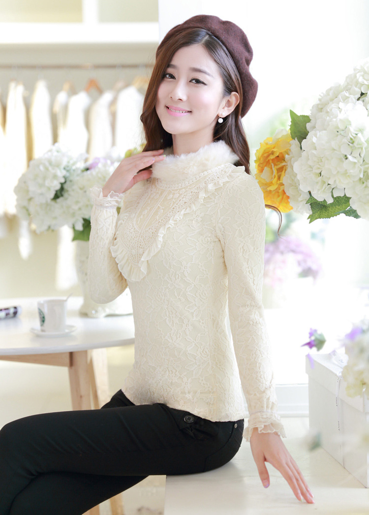 莲香情2015新款装大码蕾丝衫上衣仿兔毛保暖打底衫加绒加厚女高领 黑色加绒优质版 XXL码