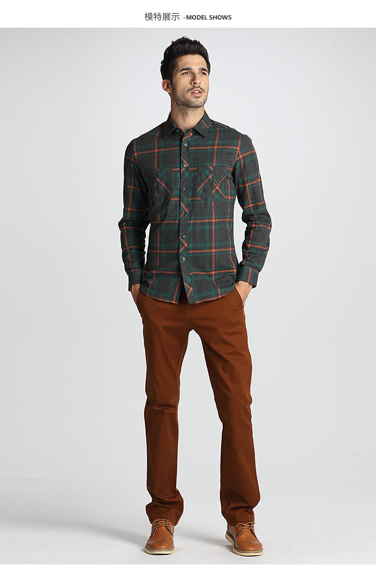 富绅virtue 纯棉法兰绒格子保暖长袖衬衣男修身 ycf62913 黑绿 39(170
