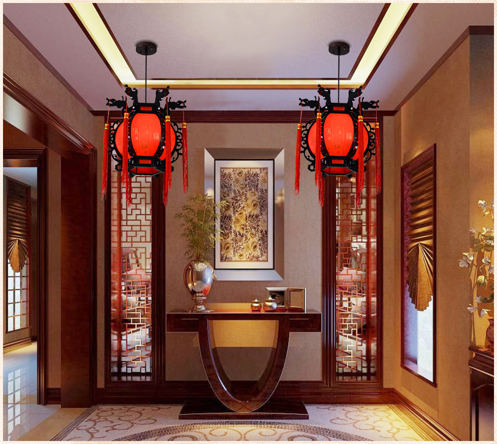 家御福中式吊灯实木雕纹茶楼灯具仿门厅吊灯古典玄关灯中式灯笼仿古