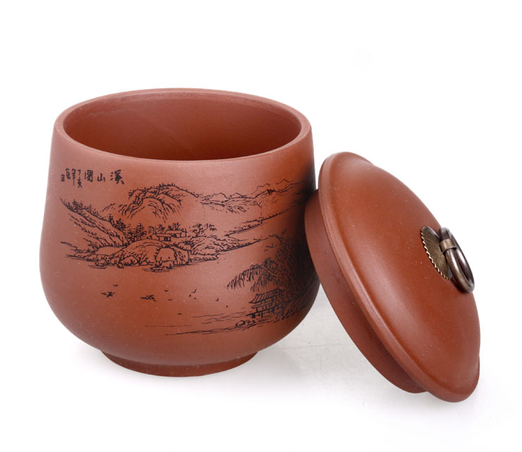 容雅茶具  宜兴紫砂茶叶罐 手工 普洱茶罐 醒茶罐 2款颜色 散茶半斤装 红铜把细刻罐