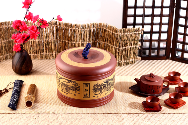品茶忆友 百子图紫砂茶叶罐  醒茶罐大码  密封大号茶叶罐 茶具