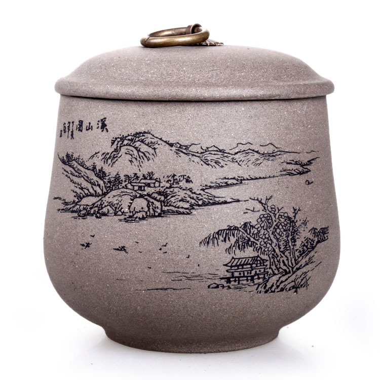 容雅茶具  宜兴紫砂茶叶罐 手工 普洱茶罐 醒茶罐 2款颜色 散茶半斤装 红铜把细刻罐