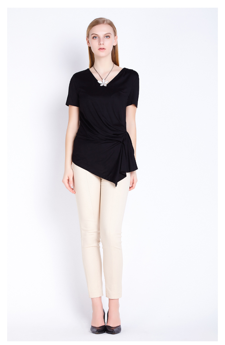 hono/亨奴欧美夏季新款短袖t恤上衣 女v领纯色t恤套头单件上衣 黑色 4