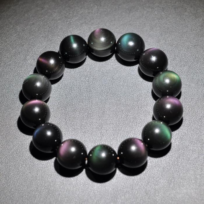 润玺 彩虹眼黑曜石手链 猫眼效应 彩眼16mm 男士手链