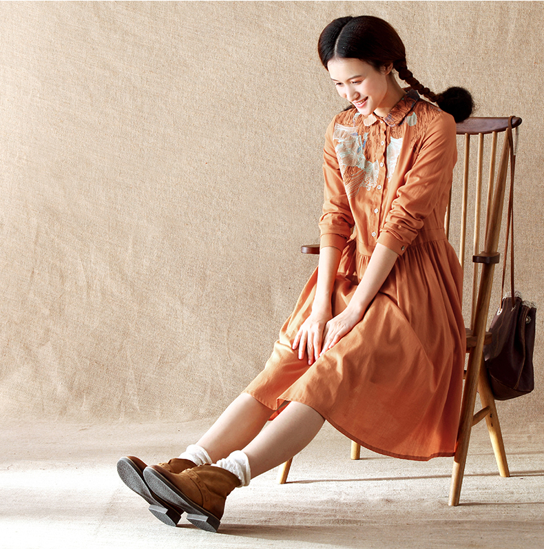 韩流蜜丝 2014秋装新款文艺棉质绣花半开襟高腰长袖连衣裙 灰色 l