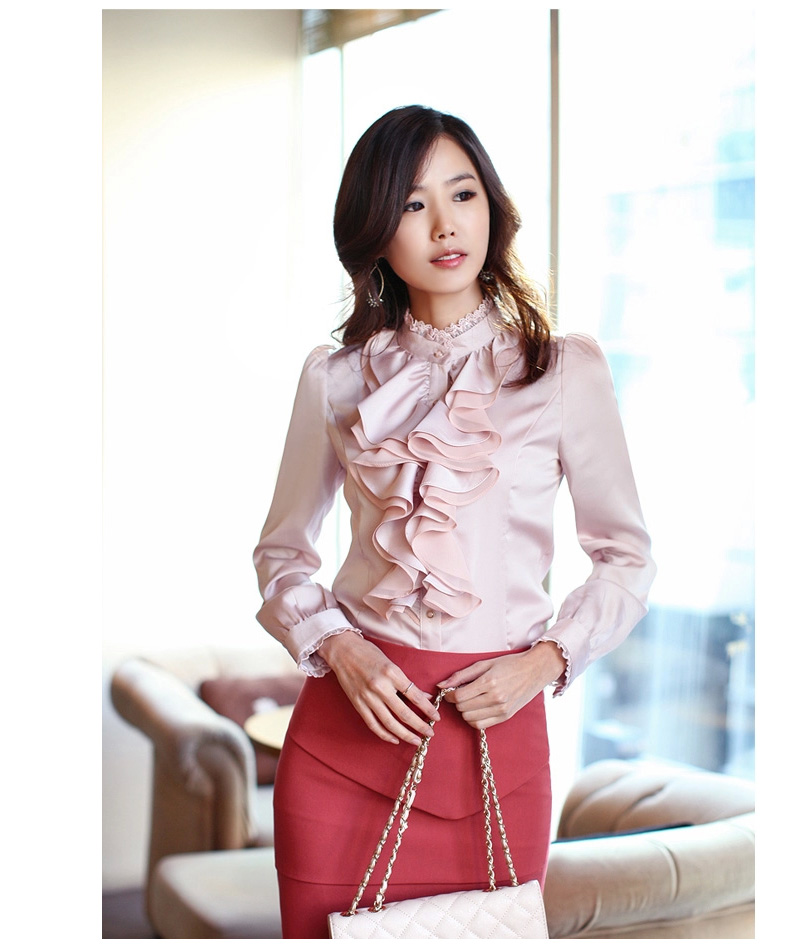 
                                        名诺儿2016秋季职业工作服女士白衬衫女装长袖上衣仿真丝衬衣女荷叶边修身款花边领 662白色 XL                